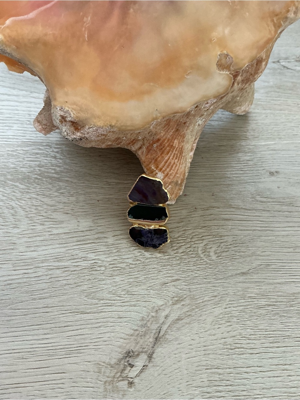 Triple Purple Agate Gold-Edged Statement Adjustable Ring